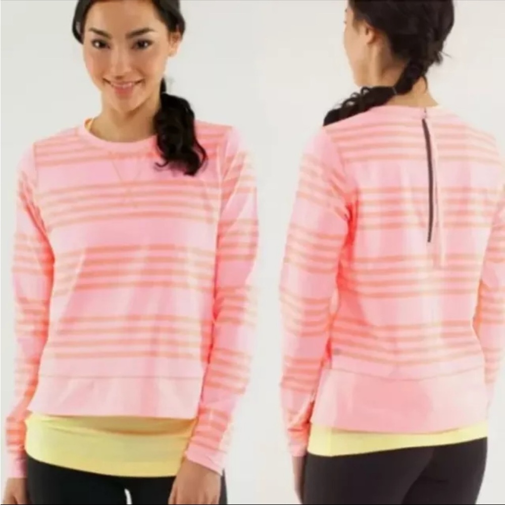 Lululemon Warm up Crew Striped Hot Pink Coral long Sleeves Top Pullover sz 8